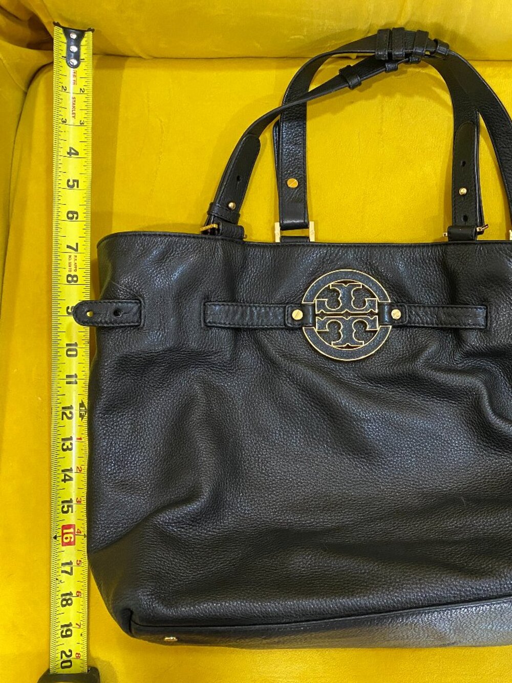 Tory Burch Amanda Black Pebbled Leather Tote Bag Gold Logo Large Shoulder Handba - Picture 7 of 8